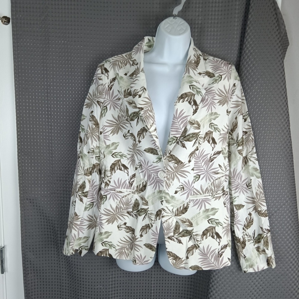 Solitaire Women's Tropical Leaf Print Linen Blend Blazer Jacket Size L - Picture 2 of 15